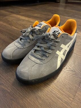 ASICS Gray Suede Sneakers with White Stripes and Orange Lining